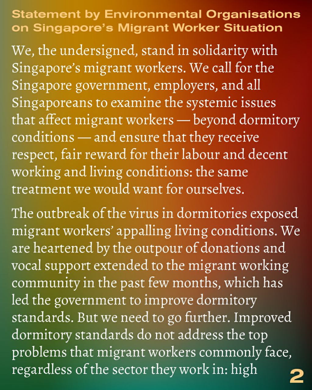 'Statement by Environmental Organisations on Singapore's Migrant Worker Situation' page 2